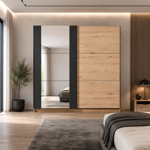 Armadio con ante scorrevoli Rovere Artisan e dettagli neri con specchio integrato per camera da letto - Sardinia 220 OG