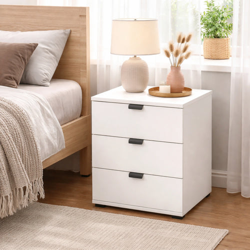 Comodino 3 cassetti bianco dal design pratico e verticale per camera da letto - DUERO 3F