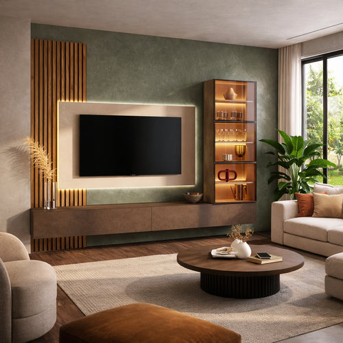 Parete soggiorno bronzo, cashmere e cadiz dogato con pannello dogato, supporto TV, basi e pensili - Infinity 23.0