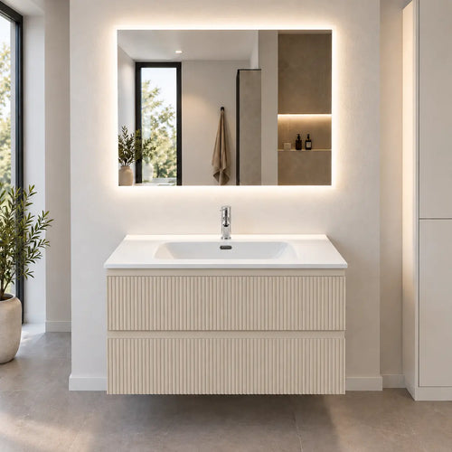 Composizione bagno sospesa con 2 cassetti e specchio LED, bianco opaco o sabbia - LINE