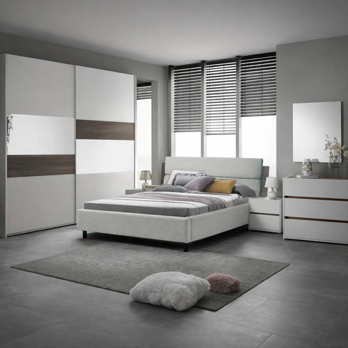 Camera da letto completa con armadio 2 ante scorrevoli, letto matrimoniale, comò, comodini e specchiera - Kaela