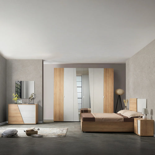 Camera da letto completa rovere chiaro e calce con armadio 6 ante, letto, comò, comodini e specchiera - MIA