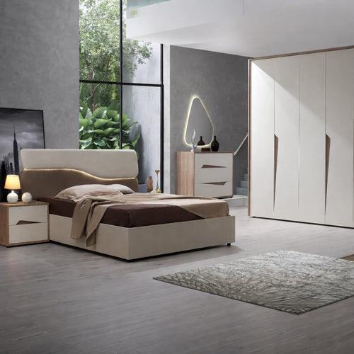 Camera da letto completa con armadio, letto matrimoniale, comò, comodini e specchiera - Soleil