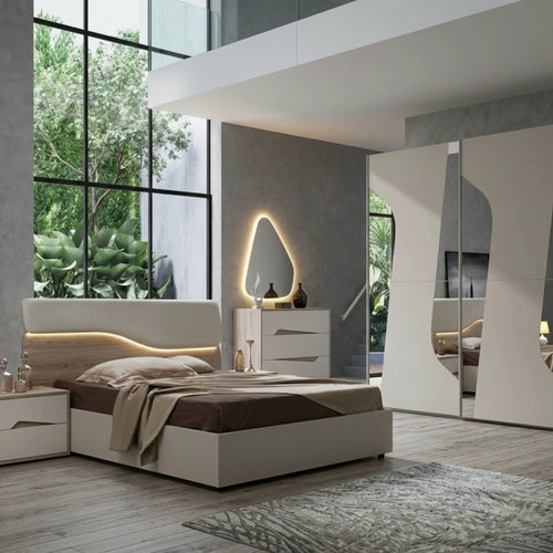 Camera da letto completa con armadio 2 ante scorrevoli, letto matrimoniale, comò, comodini e specchiera - Soleil 2.0