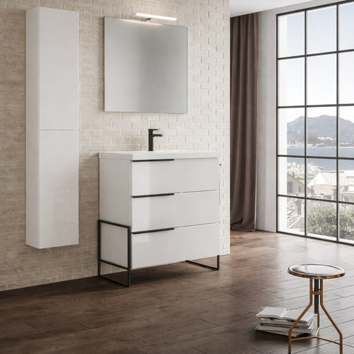 Mobile bagno industrial con lavabo in ceramica, specchio LED e finitura Bianco Lucido - FEBE