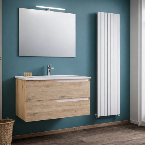 Mobile bagno 80 cm con 2 cassetti in metallo, lavabo piatto in ceramica e specchio LED, finitura Sherwood - GRACE