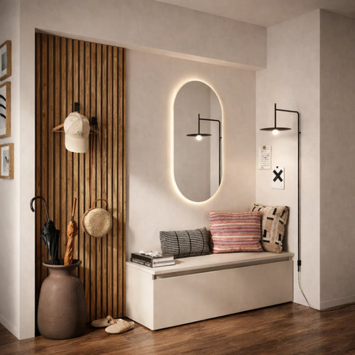 Mobile ingresso cashmere e cadiz con base a cassettone e specchio a LED - Infinity 16.0