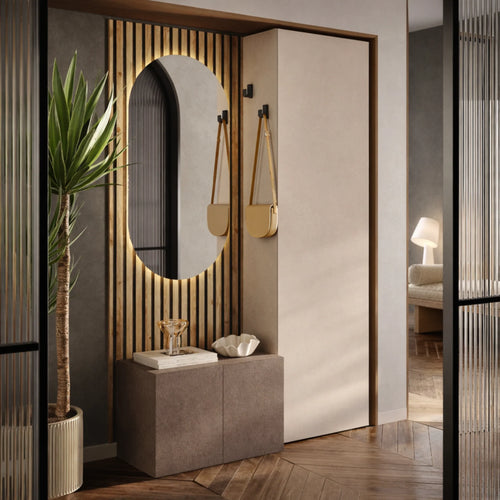 Mobile ingresso bronzo, cashmere e rovere cadiz con panca a 2 ante, colonna e specchio a LED - Infinity 21.0