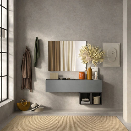 Mobile ingresso ardesia e piombo con specchio rettangolare, modulo a ribalta e cubi a giorno - Infinity 23.0