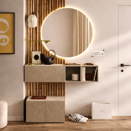 Mobile ingresso argilla e cadiz con specchio LED, cubi a giorno, modulo a ribalta e panchetta a 2 ante - Infinity 3.0