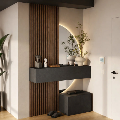 Mobile ingresso lava e rovere mercure con specchio LED, panchetta e modulo sospeso - Infinity 4.0