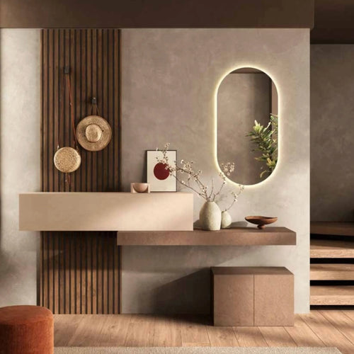 Mobile ingresso argilla, bronzo e rovere mercure con specchio LED, mensolone e panchetta a 2 ante - Infinity