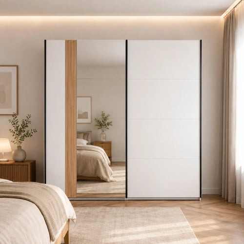Armadio con ante scorrevoli cashmere con specchio integrato e cassettiera interna per camera da letto - Belfort