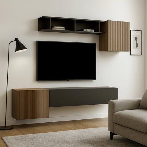 Parete attrezzata rovere mercure e lava con base sospesa, pensili e libreria a giorno - Infinity 2.0