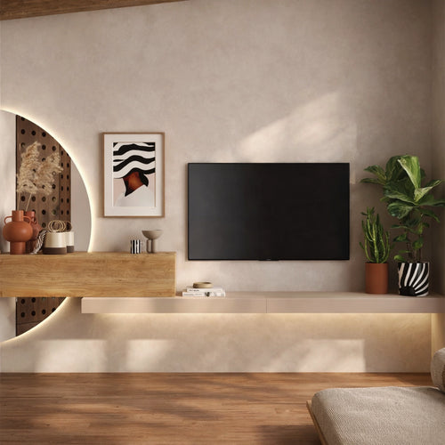 Parete soggiorno cashmere e rovere cadiz con specchio a LED, pensile e mensolone porta TV - Infinity 5.0