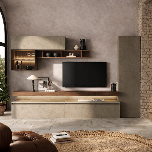 Parete attrezzata argilla, bronzo e mercure con colonna, basi TV, pensili e mensolone - Infinity 6.0