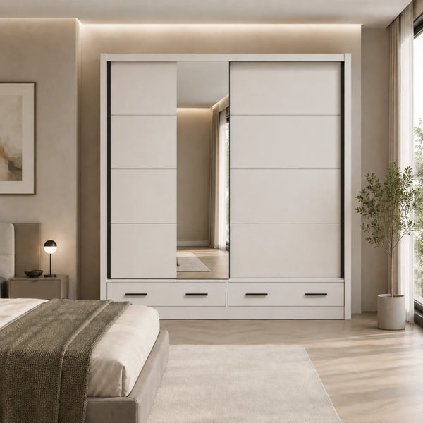Armadio 2 ante scorrevoli in finitura cashmere con specchio laterale e cassetti - Albi Plus 205 2F OG