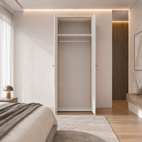 Armadio 2 ante in finitura rovere artisan e bianco opaco con ripiani e barra appendiabiti - Varadero 2K