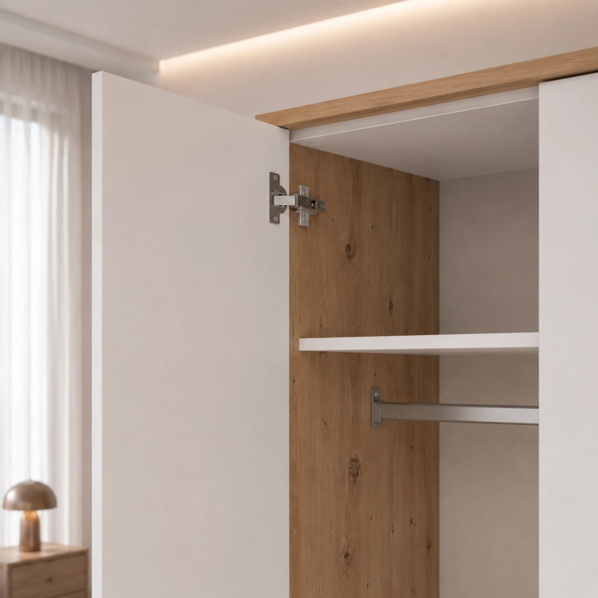 Armadio 2 ante in finitura rovere artisan e bianco opaco con ripiani e barra appendiabiti - Varadero 2K