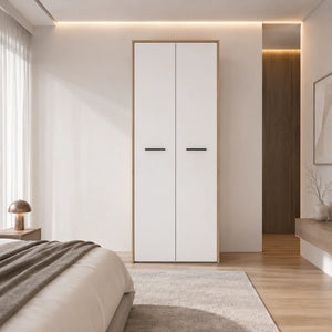 Armadio 2 ante in finitura rovere artisan e bianco opaco con ripiani e barra appendiabiti - Varadero 2K