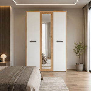 Armadio 3 ante in finitura rovere artisan e bianco opaco con specchio centrale - Varadero 3K1O