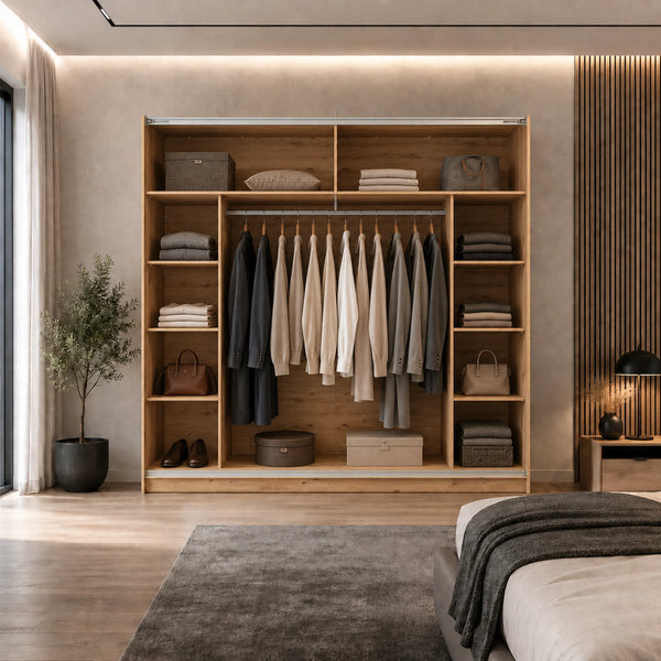 Armadio con ante scorrevoli Rovere Artisan e dettagli neri con specchio integrato per camera da letto - Sardinia 220 OG