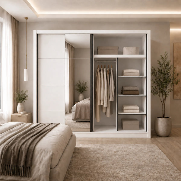 Armadio con ante scorrevoli cashmere con specchio integrato e cassetti interni per camera da letto - Albi 205 OG