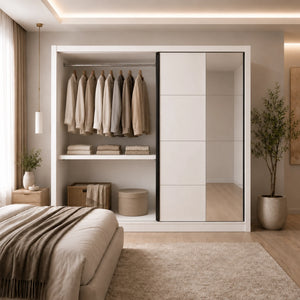 Armadio con ante scorrevoli cashmere con specchio integrato e cassetti interni per camera da letto - Albi 205 OG