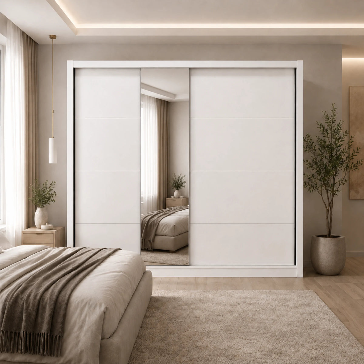Armadio con ante scorrevoli cashmere con specchio integrato e cassetti interni per camera da letto - Albi 205 OG