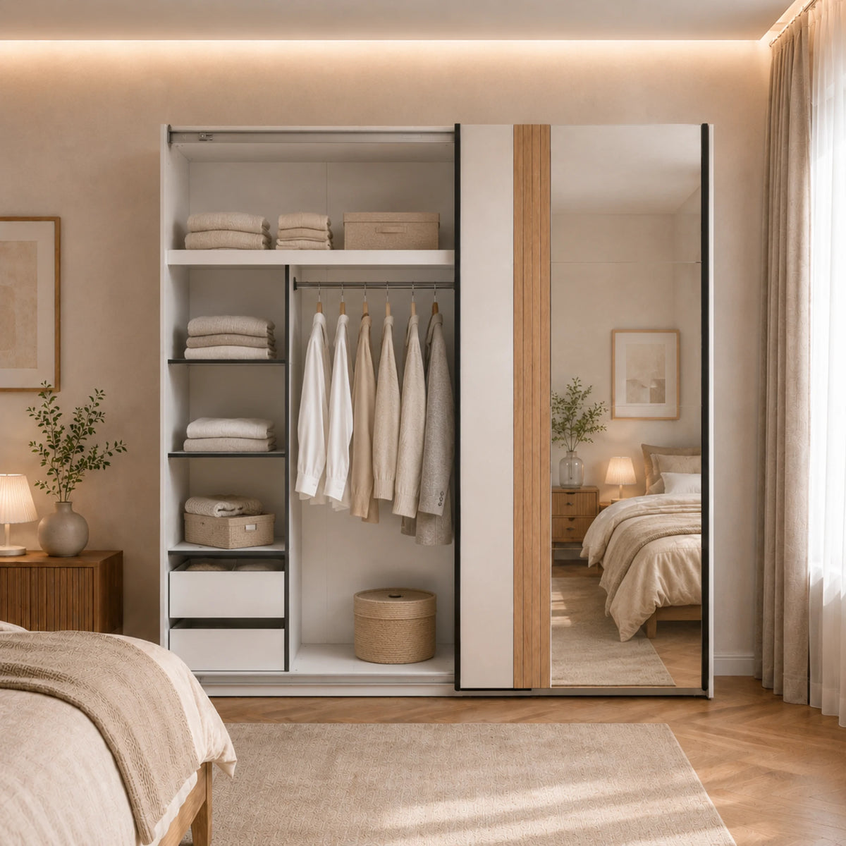 Armadio con ante scorrevoli cashmere con specchio integrato e cassettiera interna per camera da letto - Belfort