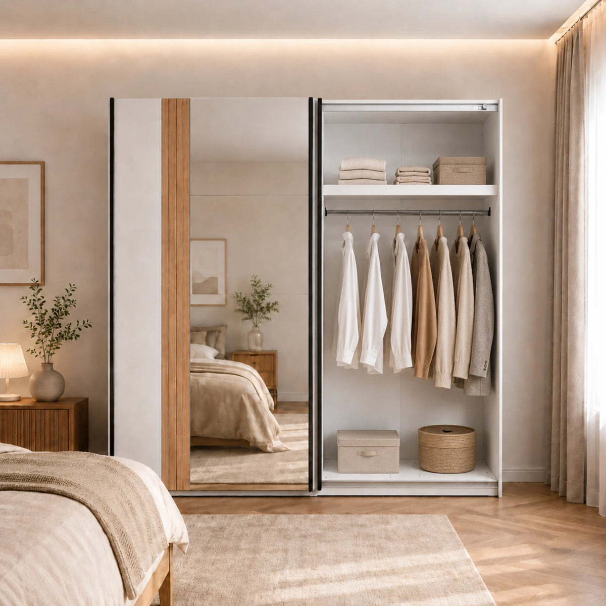 Armadio con ante scorrevoli cashmere con specchio integrato e cassettiera interna per camera da letto - Belfort