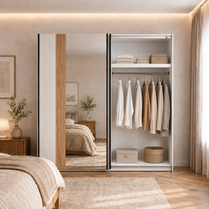 Armadio con ante scorrevoli cashmere con specchio integrato e cassettiera interna per camera da letto - Belfort