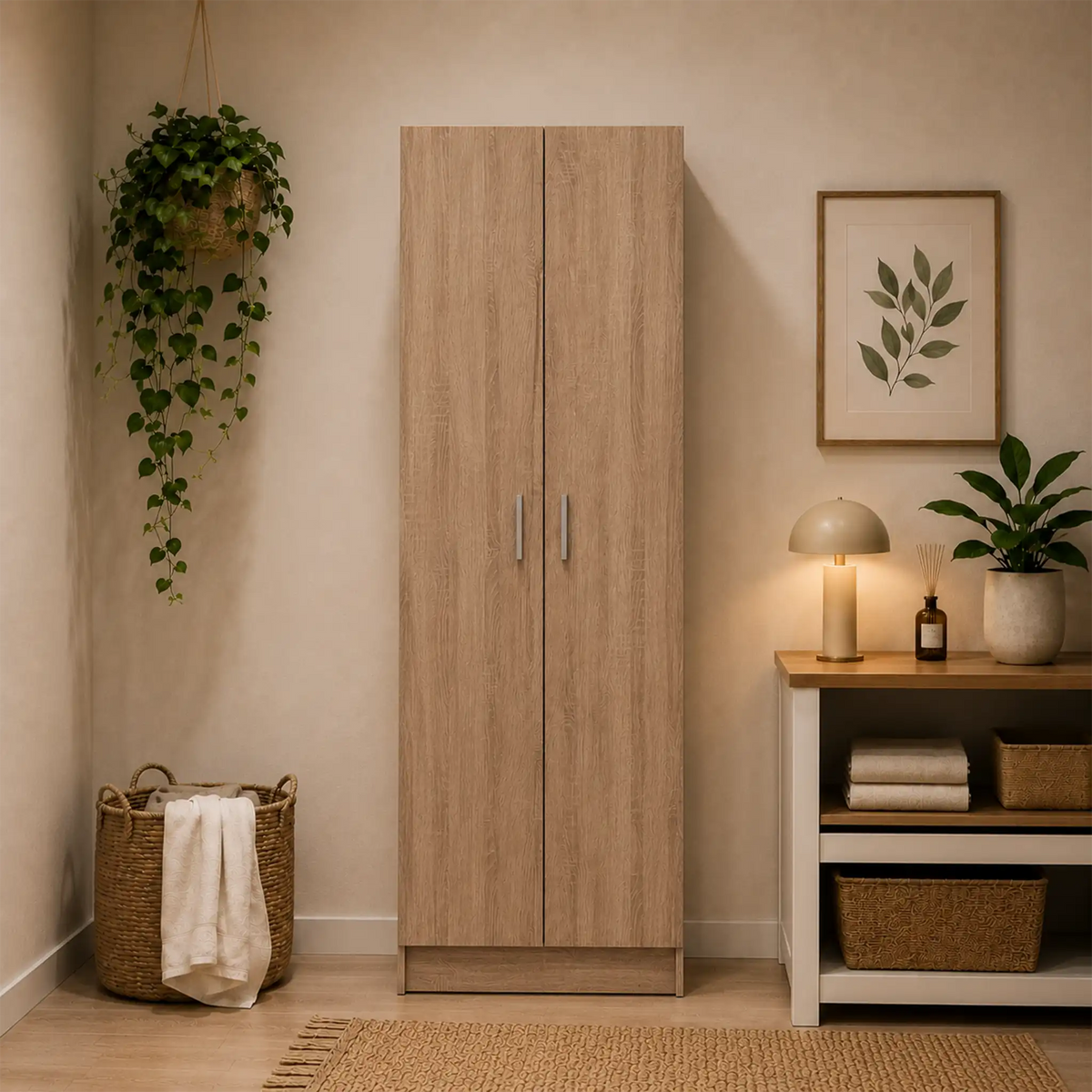 Armadio multiuso 2 ante con ripiani rovere per bagno, lavanderia e ambienti di servizio - 007146