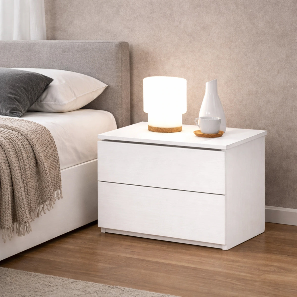 Comodino 2 cassetti bianco graffiato in truciolare nobilitato per camera da letto - Simpli