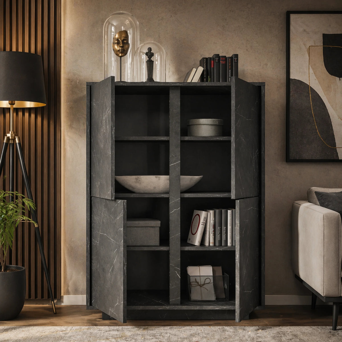 Contenitore alto 4 ante effetto marmo per soggiorno e zona living - Carrara