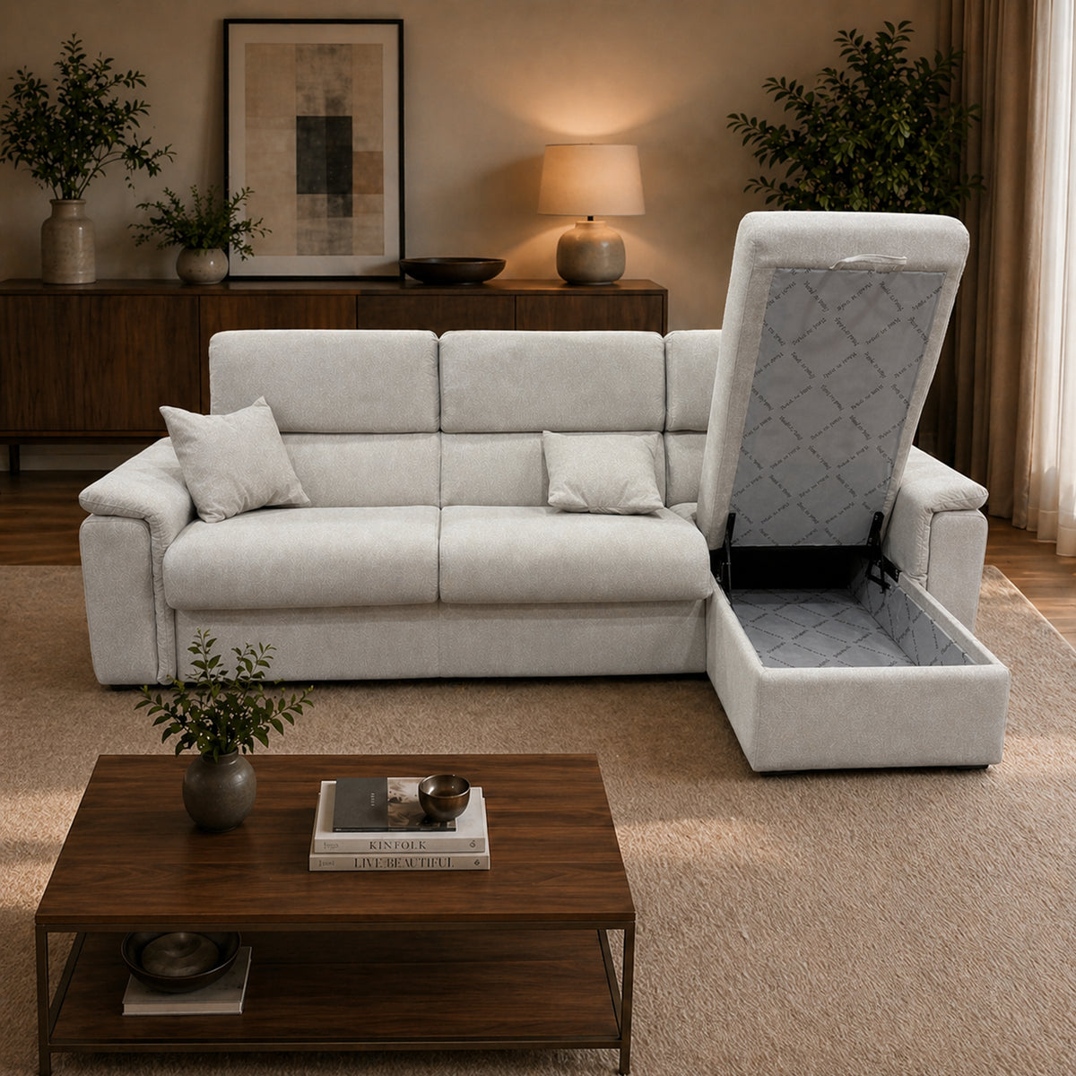 Divano letto 3 posti con lounge reversibile e box contenitore in tessuto - Elektra