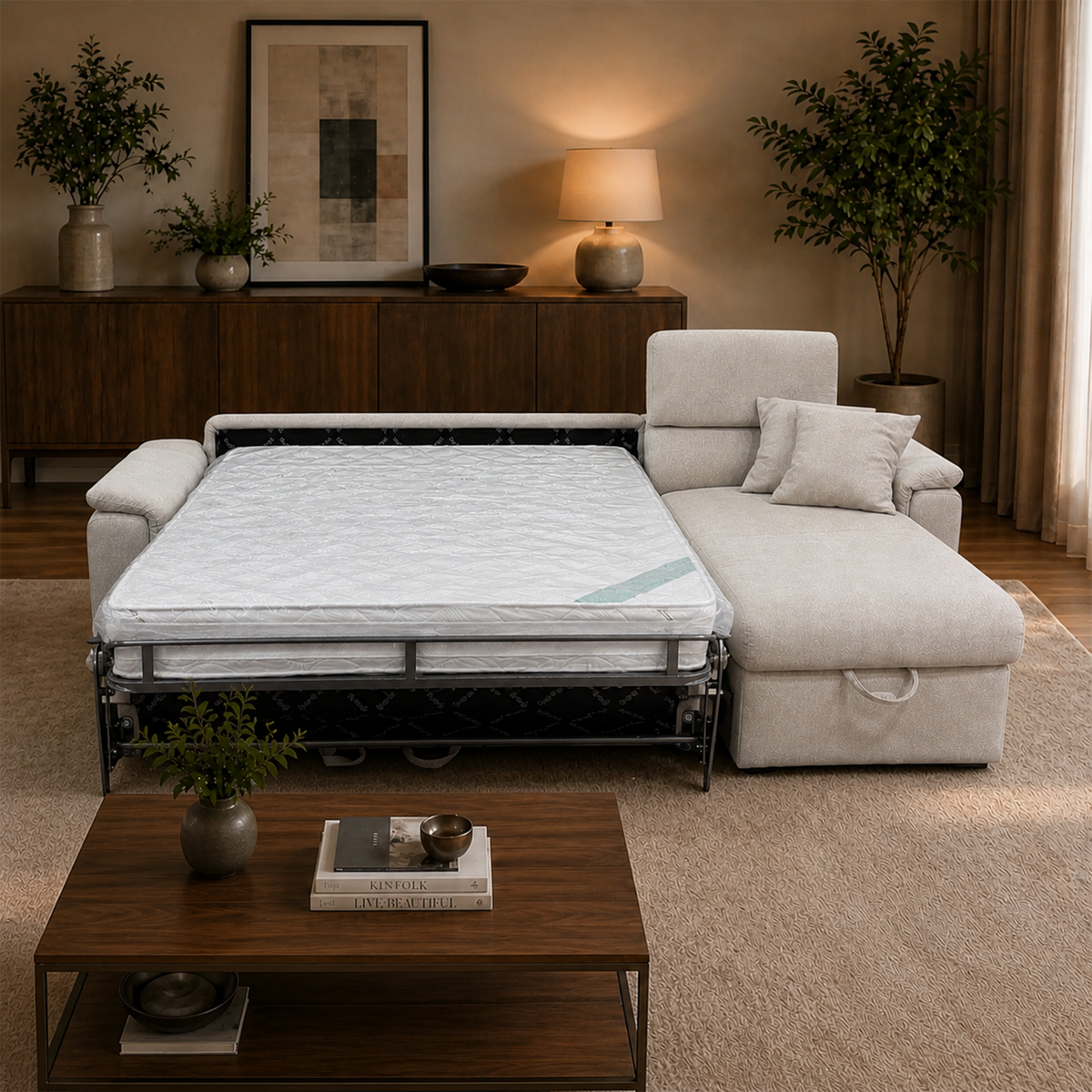 Divano letto 3 posti con lounge reversibile e box contenitore in tessuto - Elektra