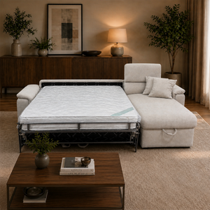 Divano letto 3 posti con lounge reversibile e box contenitore in tessuto - Elektra