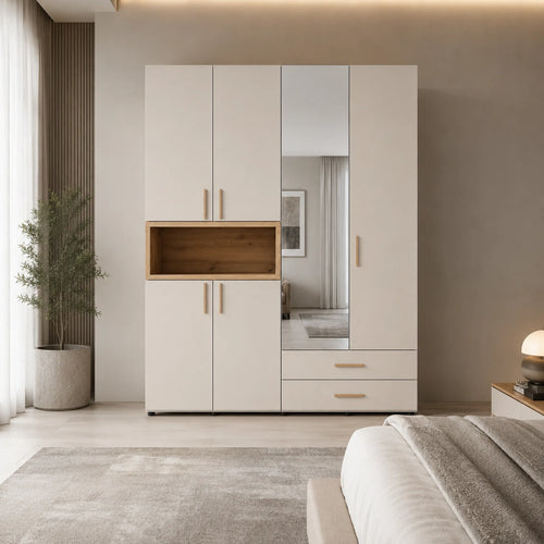 Armadio in finitura cashmere e rovere artisan con specchio, cassetti e vano a giorno - Donald 4K2F10