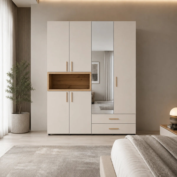Armadio in finitura cashmere e rovere artisan con specchio, cassetti e vano a giorno - Donald 4K2F10
