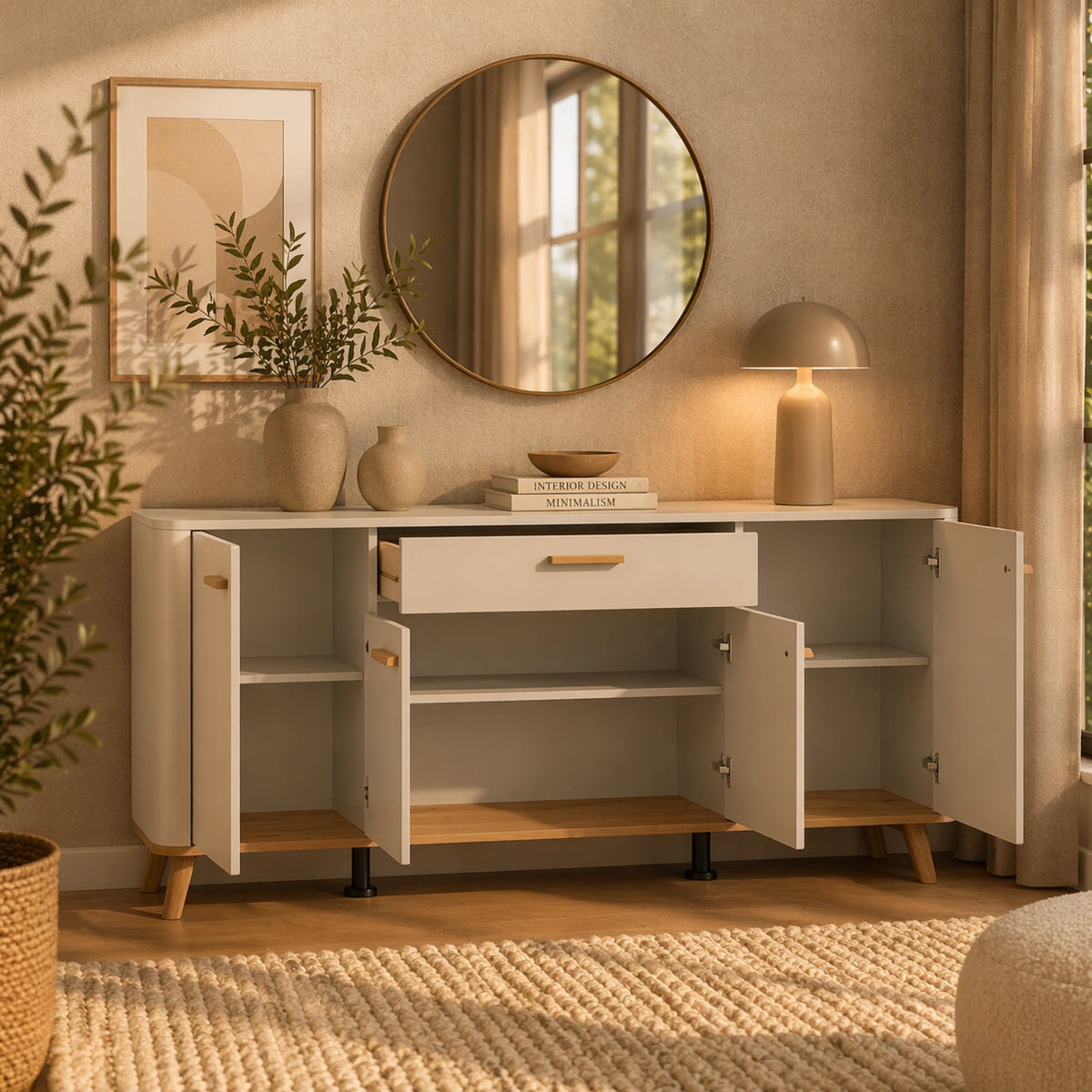 Madia cashmere e rovere naturale con 4 ante e 1 cassetto per soggiorno moderno - DARWEN