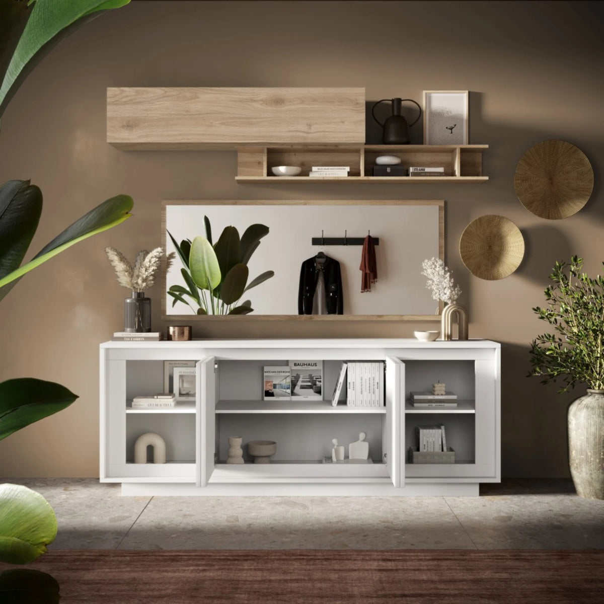 Madia moderna 4 ante bianco opaco con guide Eco Soft e struttura spessore 22 mm per soggiorno - Sky 2.0