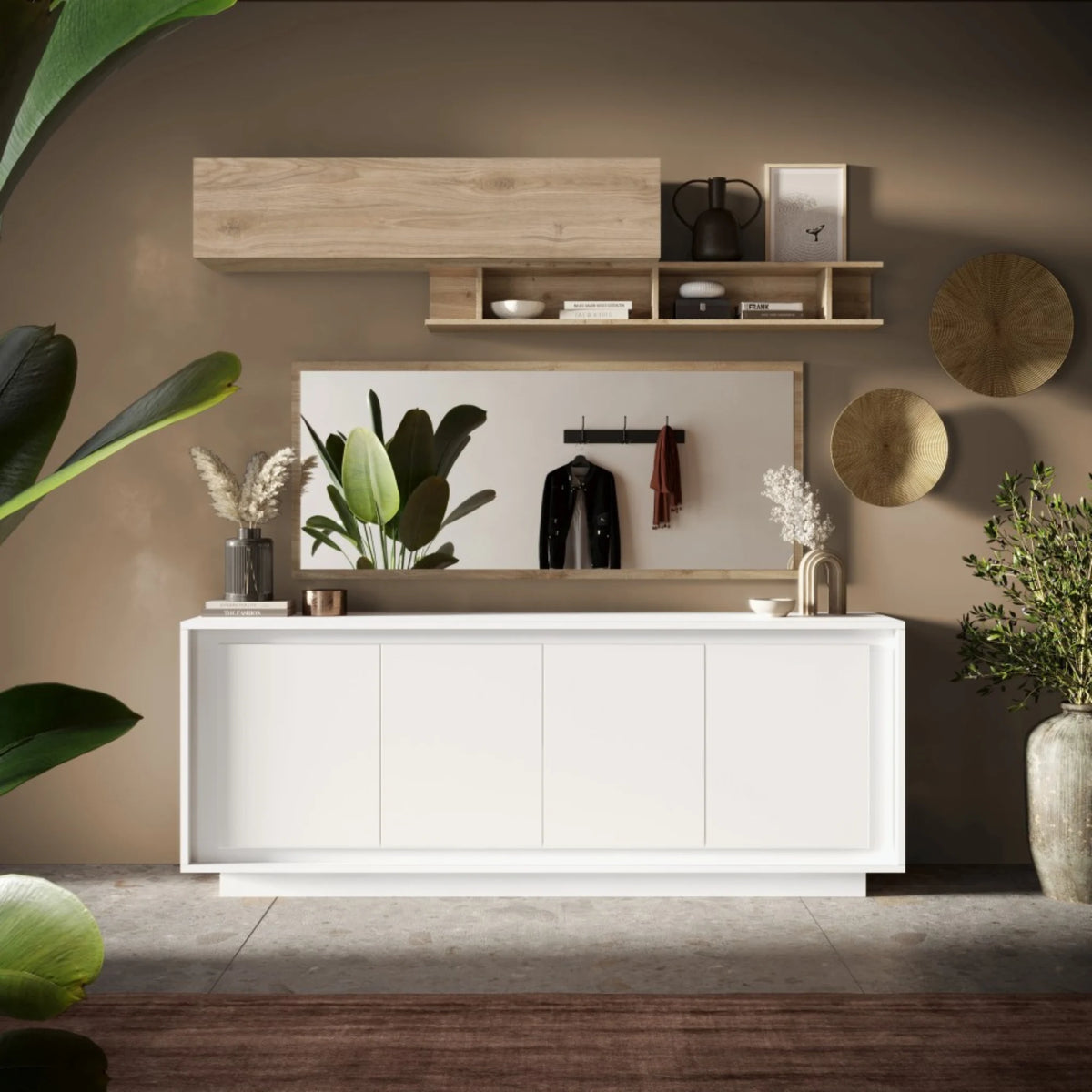 Madia moderna 4 ante bianco opaco con guide Eco Soft e struttura spessore 22 mm per soggiorno - Sky 2.0