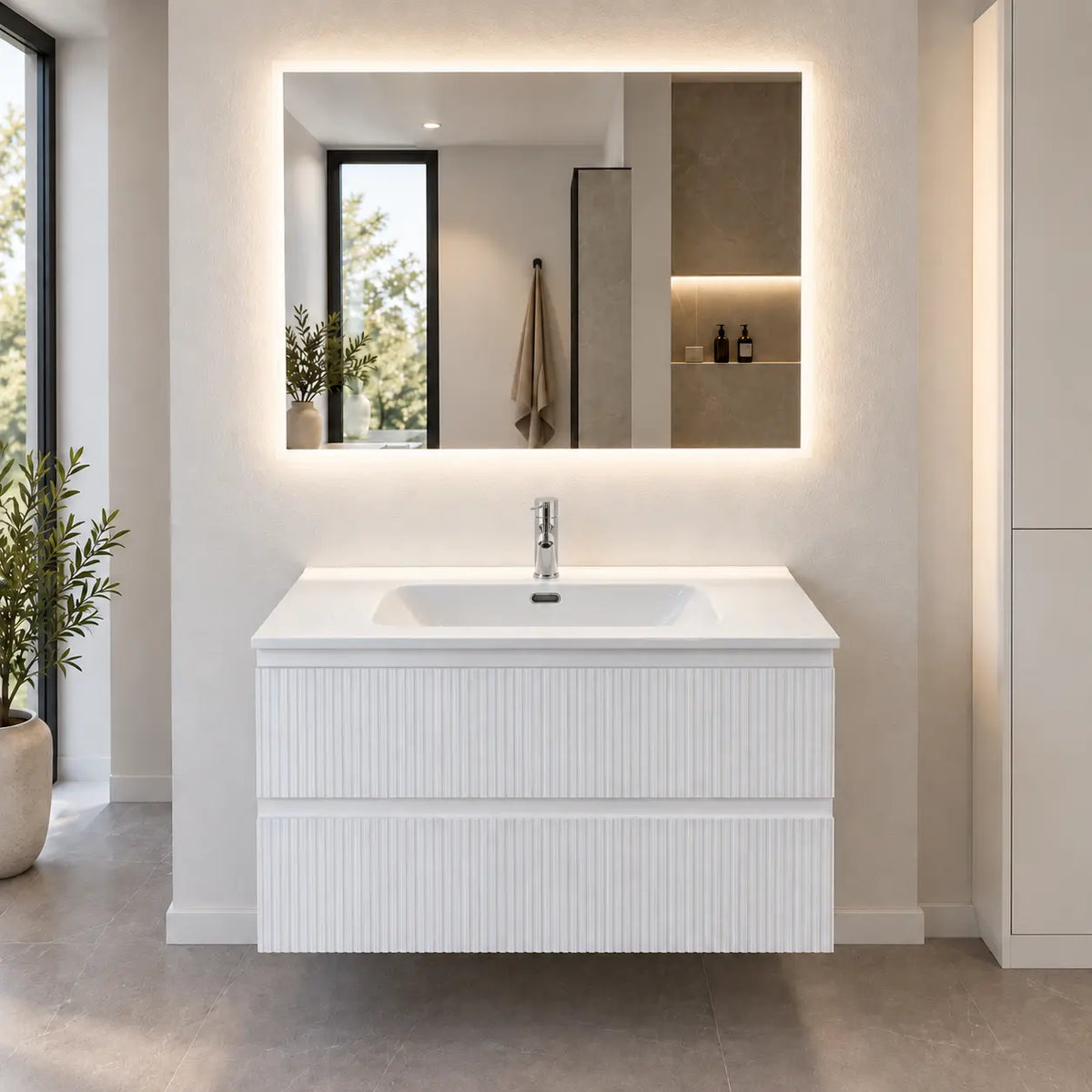 Composizione bagno sospesa con 2 cassetti e specchio LED, bianco opaco o sabbia - LINE