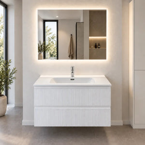 Composizione bagno sospesa con 2 cassetti e specchio LED, bianco opaco o sabbia - LINE