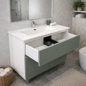 Mobile bagno da appoggio verde salvia con 1 cassetto, 2 ante e specchio incluso - Helix