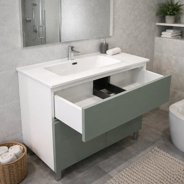 Mobile bagno da appoggio verde salvia con 1 cassetto, 2 ante e specchio incluso - Helix