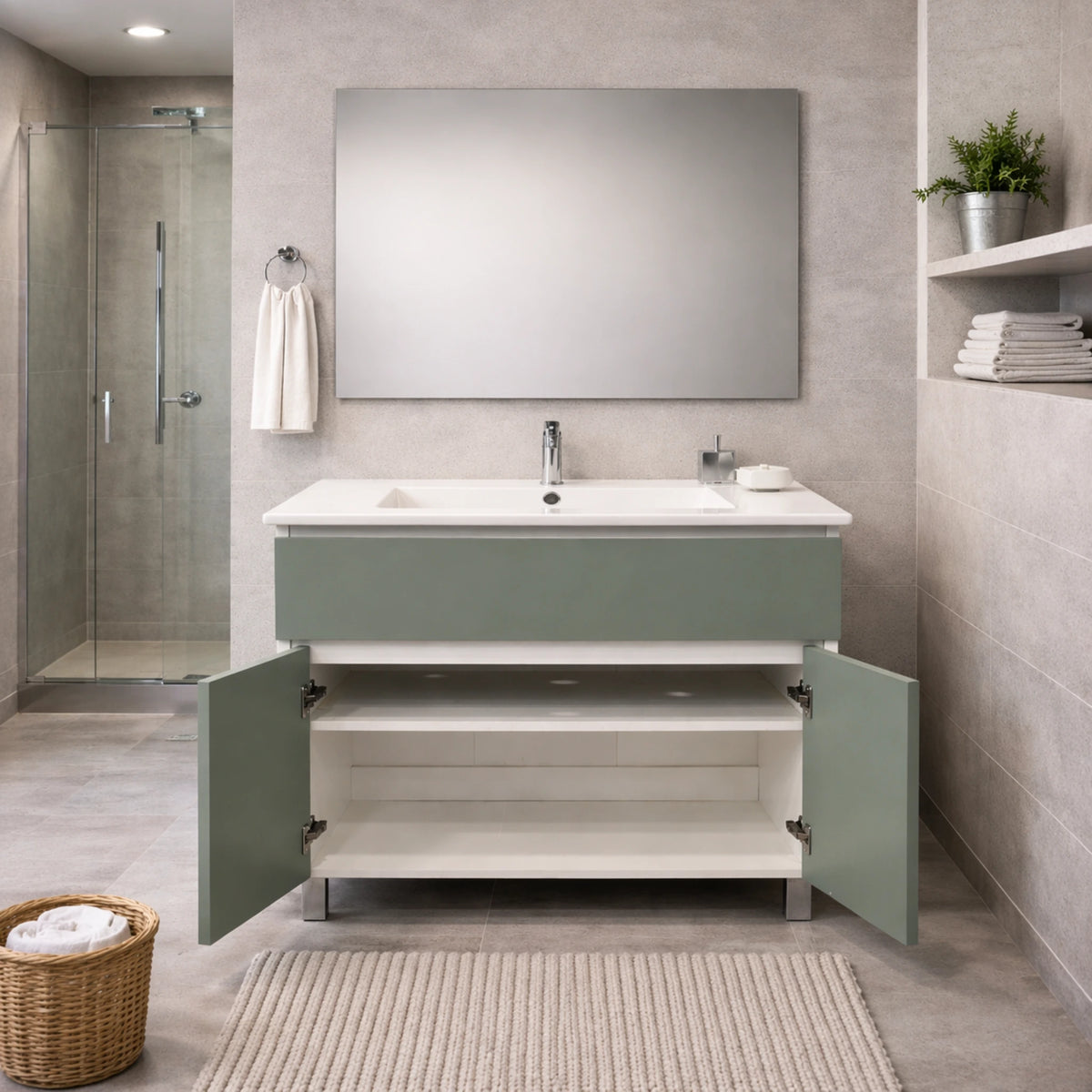 Mobile bagno da appoggio verde salvia con 1 cassetto, 2 ante e specchio incluso - Helix