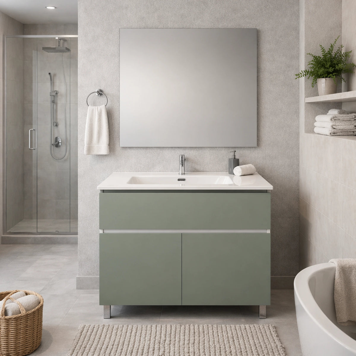 Mobile bagno da appoggio verde salvia con 1 cassetto, 2 ante e specchio incluso - Helix