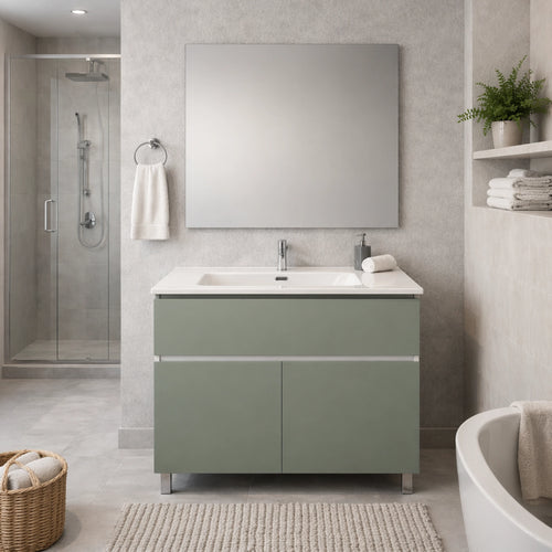 Mobile bagno da appoggio verde salvia con 1 cassetto, 2 ante e specchio incluso - Helix